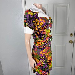 Vintage 70s Polyester Knit Mini Dress Party Skirt Top Set Floral Vibrant H3-18