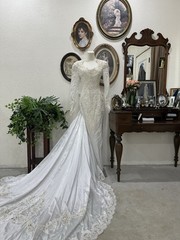 80s 90s Vintage Wedding Dress Two Piece Gown Size 8 Ivory Satin Lace Long Sleeve