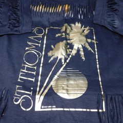 Vintage 1980s Shredded Fringe ST THOMAS 1987 Single Stitch Black T Shirt Size XL