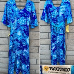 Vintage Two Potato Laguna Beach Blue Floral Maxi Dress Size L Acrylic 1970s