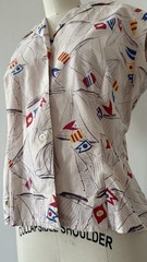 1940s 50s Sailboat Novelty Print Sailcloth Cotton Sportswear Blouse Fitted M/L
