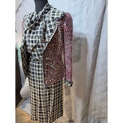 Vintage Adolfo Saks Fifth Avenue 3pc Skirt Suit Set Plaid Tweed Purple Black