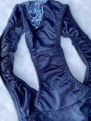Vintage Silky Navy Polyester Nylon Panties Sheer Lace Hi Cut Bikini Briefs SZ.5