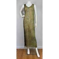 Vintage Sheer Paisley Maxi Dress – Pleated Olive Green Gown, Women’s Size Medium