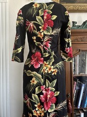 Vintage 1950s Vamp Black Hawaiian Mermaid Fishtail Maxi Dress Floral Barkcloth W