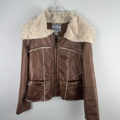 Y2K Wet Seal L Sherpa Lined Jacket Brown Faux Leather Fur Trim Biker Moto Goth