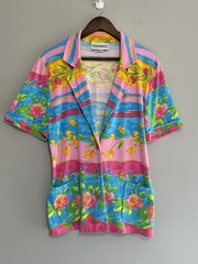 Vtg Peter Popovitch Floral Camp Shirt Retro Collar 80s Abstract Knit Blouse Med