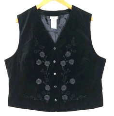 Vintage 80s Vest Womens XLarge 16/18 Black Velvet Floral Embroidery Whimsigoth