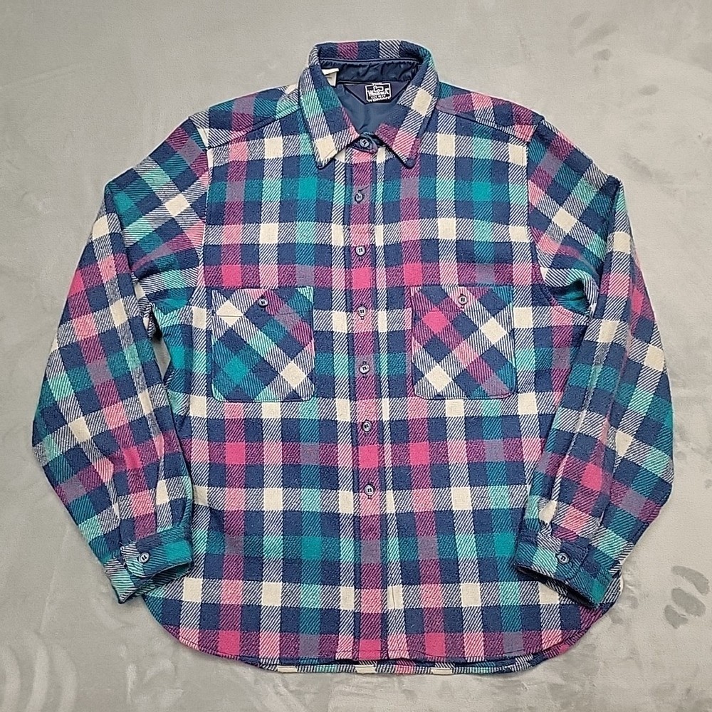 VTG Woolrich Shirt Women 14 Multicolor Plaid Wool Blend schacket Made In USA