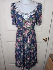 VTG 80s Dress Size 12 Floral Blue Blouson Midi Exaggerated Collar Cottage Core