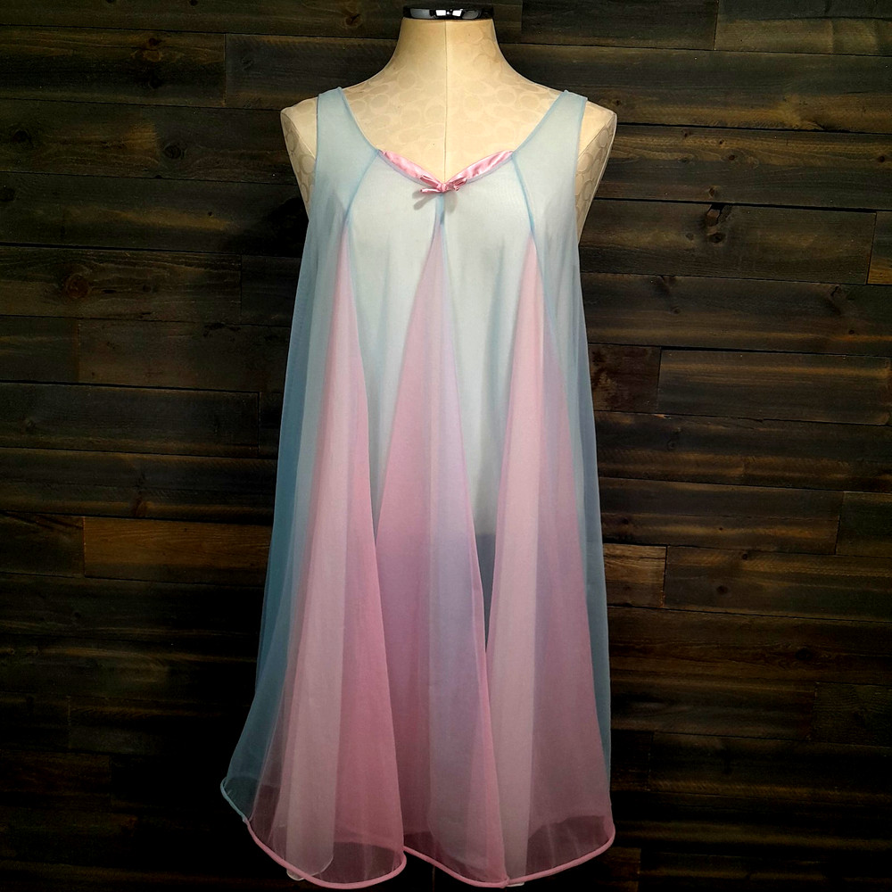 Vanity Fair Nightgown Womens XS Blush Pink & Blue Double Layer Chiffon Vtg 60s