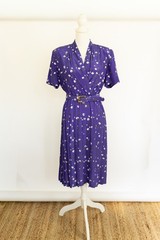 Vintage Leslie Fay Size 10 P Purple Floral Midi Tea Day Dress Belted Derby 80s