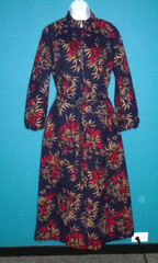 Vtg 70s Quilted Zip Front Robe Navy W/ Red Tan Bamboo Print Sz M/L