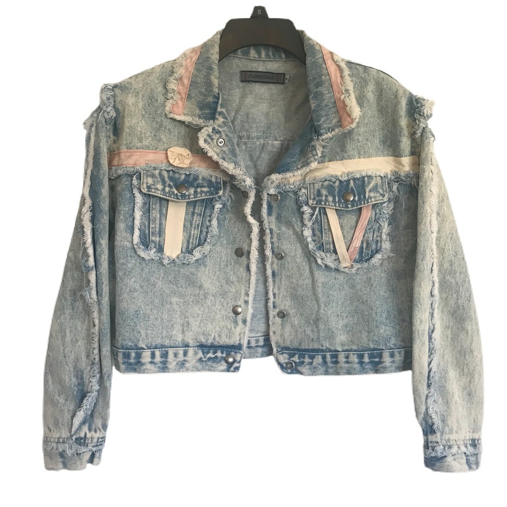 Vtg Women 80s 90s Acid Washed Cropped Denim Jean Jacket Distressed Medium Retro