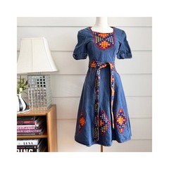 Vintage 1970s Denim Dress Patchwork Trim XXS
