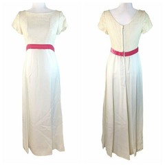 Vintage White Lace Maxi Dress Pink Velvet Waist Cap Sleeves Elegant Formal Wear