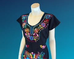 Vintage Mexican Embroidered Cotton Mini Hippie Folk Dress | M
