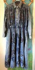 Vintage Long Jeans DRESS, Embroidered, Metallic Threads, Elastic Waist, Sz L-XL