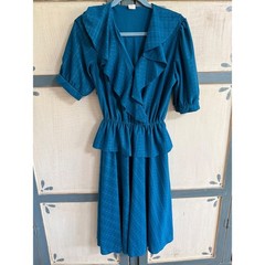 Vintage 80s Teal Blue Metallic Peplum Midi Dress Ruffle V-Neck 14 Cottagecore