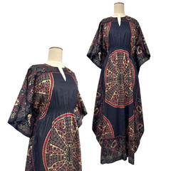 Vintage 1970s Radlee Black & Gold Floral Bohemian Cotton Kaftan