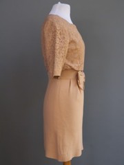 VTG 60s Pin Up Bombshell Party Cocktail Dress Lace Bodice Bow In Front XS S
