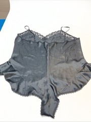 Vtg Black Lace Lingerie Teddy Bodysuit Solange Shiny Satin 26/28 Plus