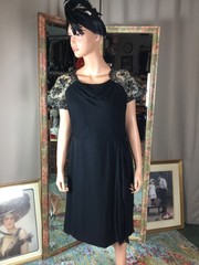 Vintage Black Nude Dress Lace Accents Ruched Waist Hip Scarf 40″ Bust Sz 18 1/2