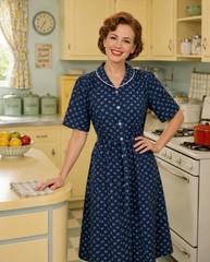Vintage Nancy Frock House Dress Navy Blue Floral Lace Trim Cottage Rockabilly
