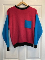 Vtg 80s 90s Streetwear Womens L Color Block Chunky Knit Sweater Glam Barbie Pink
