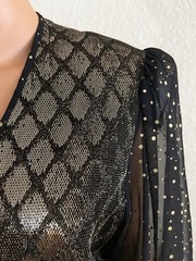 VTG 80s Gold Blouse Black Peplum Deep V Chiffon Sleeves XL Susan Tudor