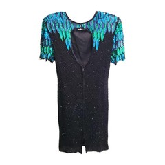 Vintage Stenay Womens Sz M 100% Silk Sequin Beaded Dress Party Glam Gown 80s 90s