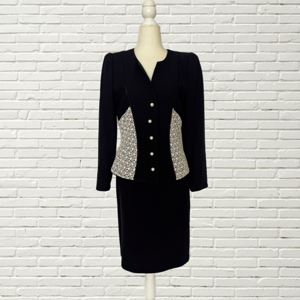Vintage 90s Y2K Escada Couture Skirt Suit Set White Lace Trim Pearl Button 38