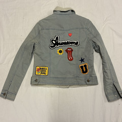 Blue Denim Jacket w/Multiple Patches, Sherpa collar,by Indigo Rein, Small Ladies