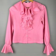 VTG 70s Pink Ruffle Front Blouse Bell Sleeve Button Down Top Womens S Barbiecore