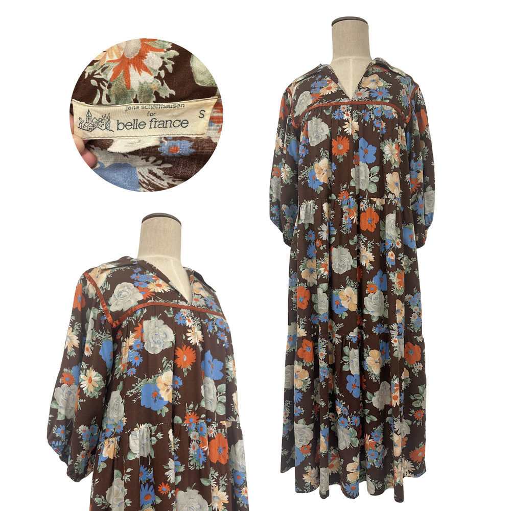 Vintage 1970s Jane Schaffhausen for Belle France Brown Floral Tiered Maxi Dress