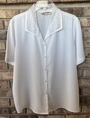 VTG Yves St. Clair Blouse White Sheer Collar Button Up Short Sleeve Sz 14
