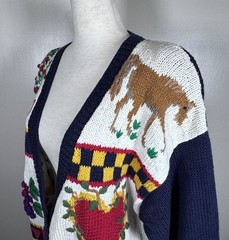 Vintage Talbots Hand Knit Fruit Patriotic School Teacher Cardigan Sweater Sz L
