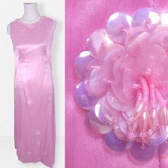 Lolly Pink 60s Evening Dress Ladies M Sequin Prom Cocktail Barbie Beaded Mod Vtg