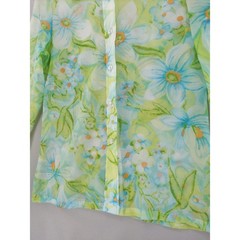 Vintage 70s Two East Button Down Blouse Womens 11/12 Green Blue Floral Sheer
