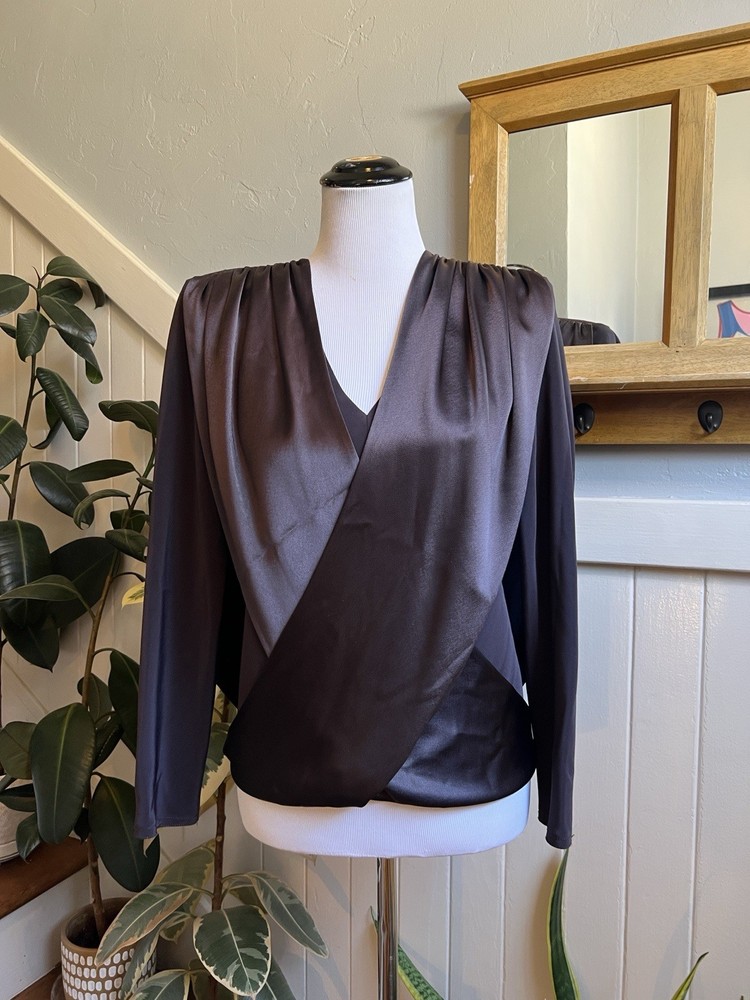Vintage 1980s Tom Bowker for COTERIE Brown UK 12 US 8 Silk Like Drape Blouse