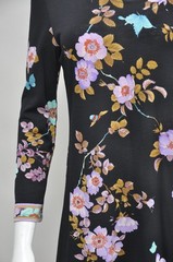Vintage 1960s Leonard Black Dark Floral & Wool Jersey Knit Shift Dress XS-M