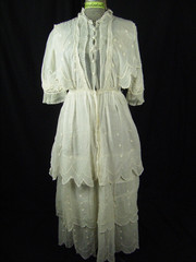 Antique 1910s Edwardian White Dots Scalloped Tea Dress-Bust 30/3XS,AS-IS