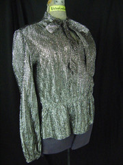 JUDY BOND Vtg 60-70s Metallic Silver Crepe Party Bow Blouse-Bust 40/S