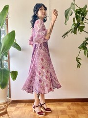 VTG 70s Adini Indian Cotton Metallic Caftan Dress Angel Sleeve Pink Gauze Boho