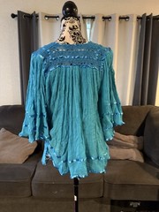 Vintage Mexican Turquoise Gauze Butterfly Arm Blouse Size medium