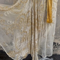 Antique 1920s Dress White Silk Chiffon Yellow Floral Beading Ribbon Gown Vintage