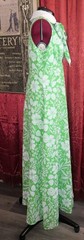 1960s 1970s Green/White Floral Maxi Dress with Large Neck Tie XS/S