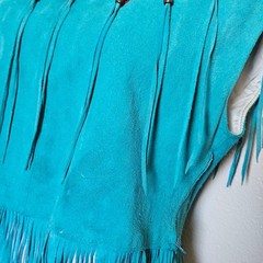 Vintage Pioneer Wear Turquoise Suede Leather Fringe Beaded Western Vest USA Made