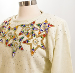 70s Vintage Embellished Star Print Sweater Womens M Rainbow Glam Keyhole Holiday