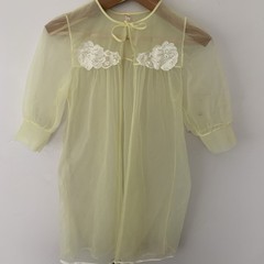 Vintage Two Piece Sheer Nightie Gown With shawl Pale Yellow Lace Trim M